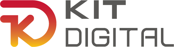 Logo de Kit Digital, que representa una iniciativa para promover la digitalización de empresas en España. El diseño combina un símbolo moderno con los colores rojo, naranja y gris, reflejando innovación y tecnología.